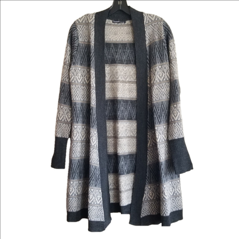 Open Front Patterned Cardigan Sweater - Gray & Cream